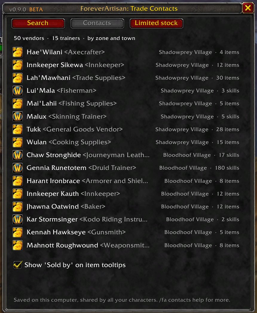 Trade Contacts search tab listing vendors and trainers by town