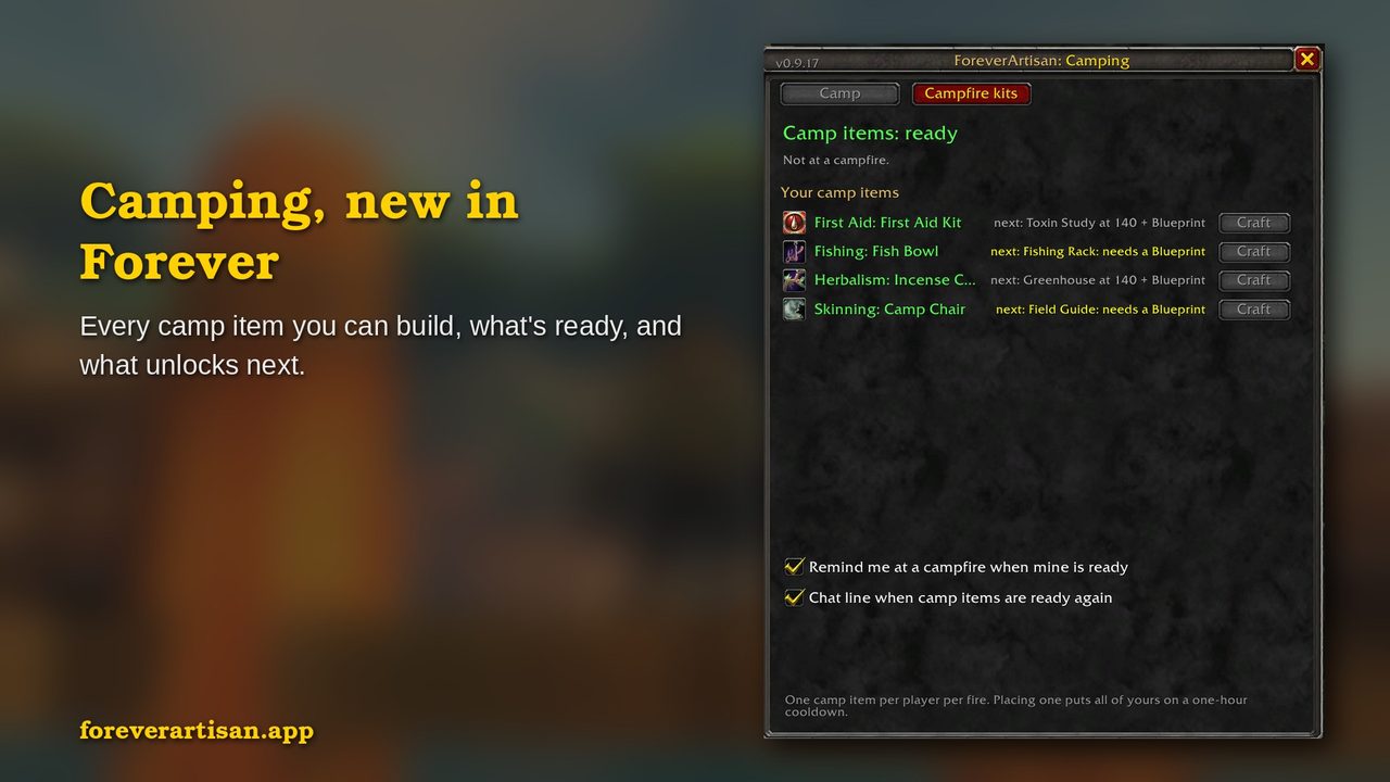 Camping, new in Forever. Every camp item you can build, what's ready, and what unlocks next.