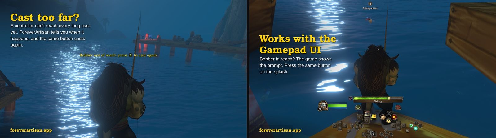 Out of reach on the left, the Fishing Bobber prompt on the right