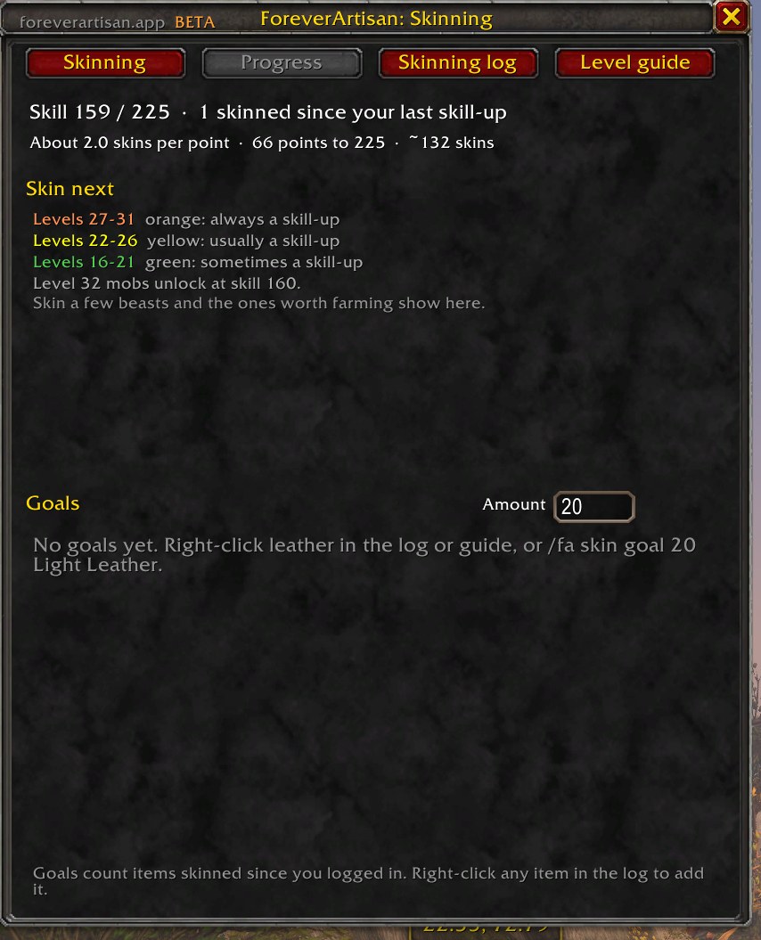 Skinning progress tab